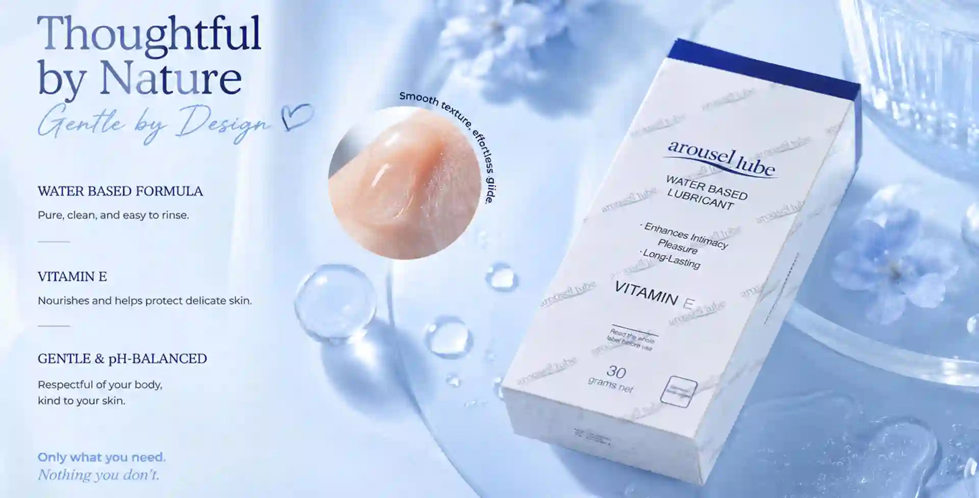 A box of arouslube water-based lubricant with Vitamin E is displayed on a light blue icy surface next to a close-up circular inset of the product texture. The packaging is white with blue accents, and the background features water droplets and glass elements.