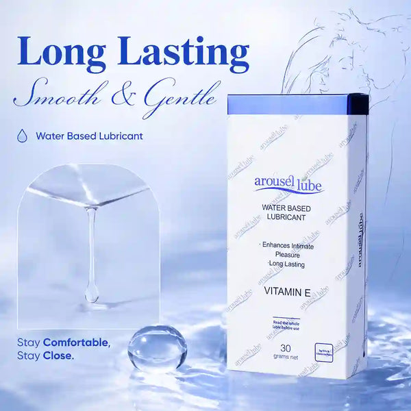 A box of arousellube water based lubricant shown on a light blue water-themed background with marketing text 'Long Lasting Smooth & Gentle' and 'Stay Comfortable, Stay Close.'.