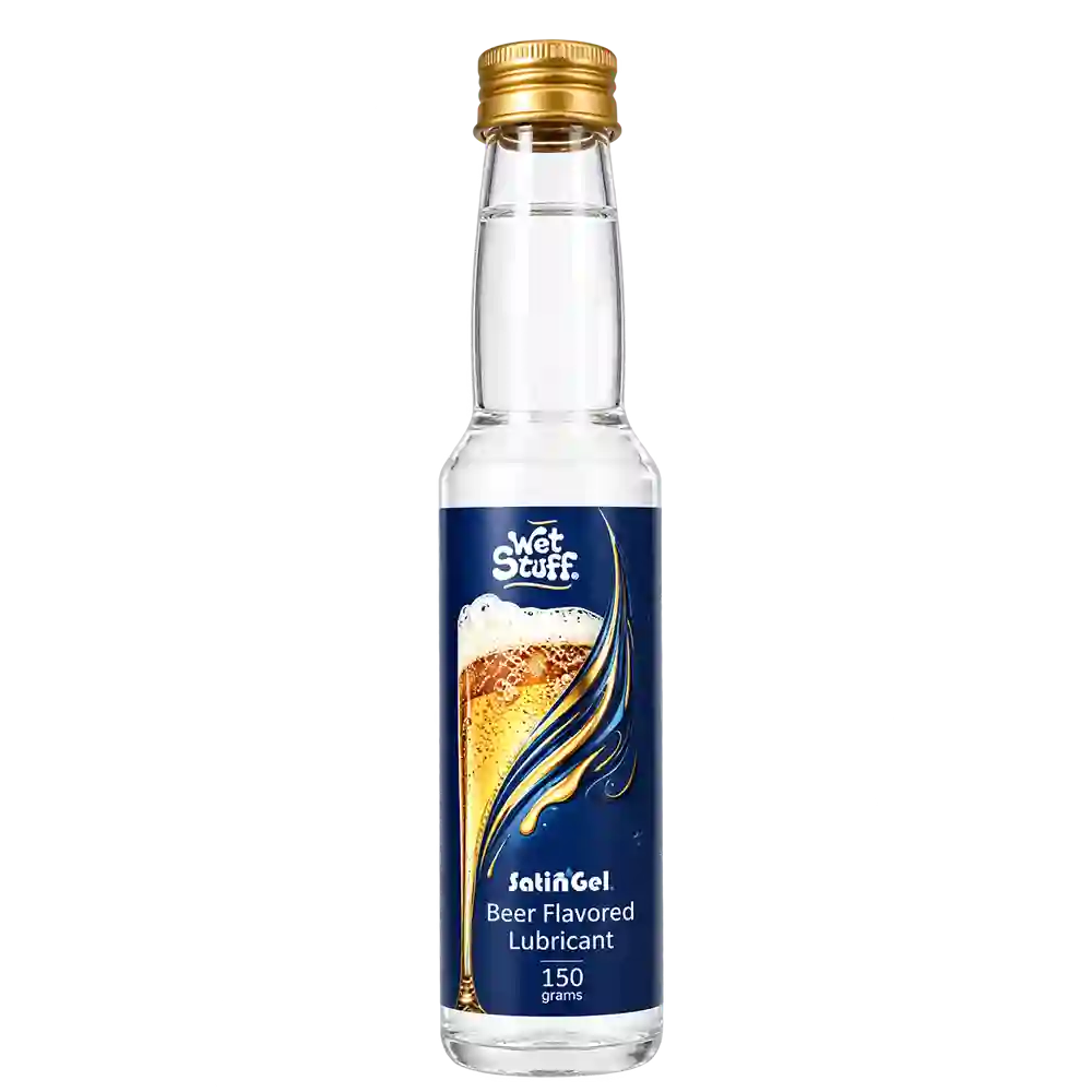 A small clear bottle of Wet Stuff Jel’Gel beer flavored lubricant with a gold cap and a dark blue label featuring a beer glass graphic, on a white background.