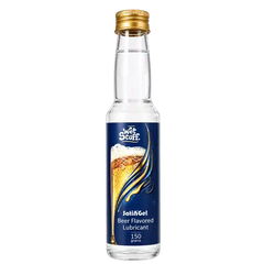 A small clear bottle of Wet Stuff Jel’Gel beer flavored lubricant with a gold cap and a dark blue label featuring a beer glass graphic, on a white background.