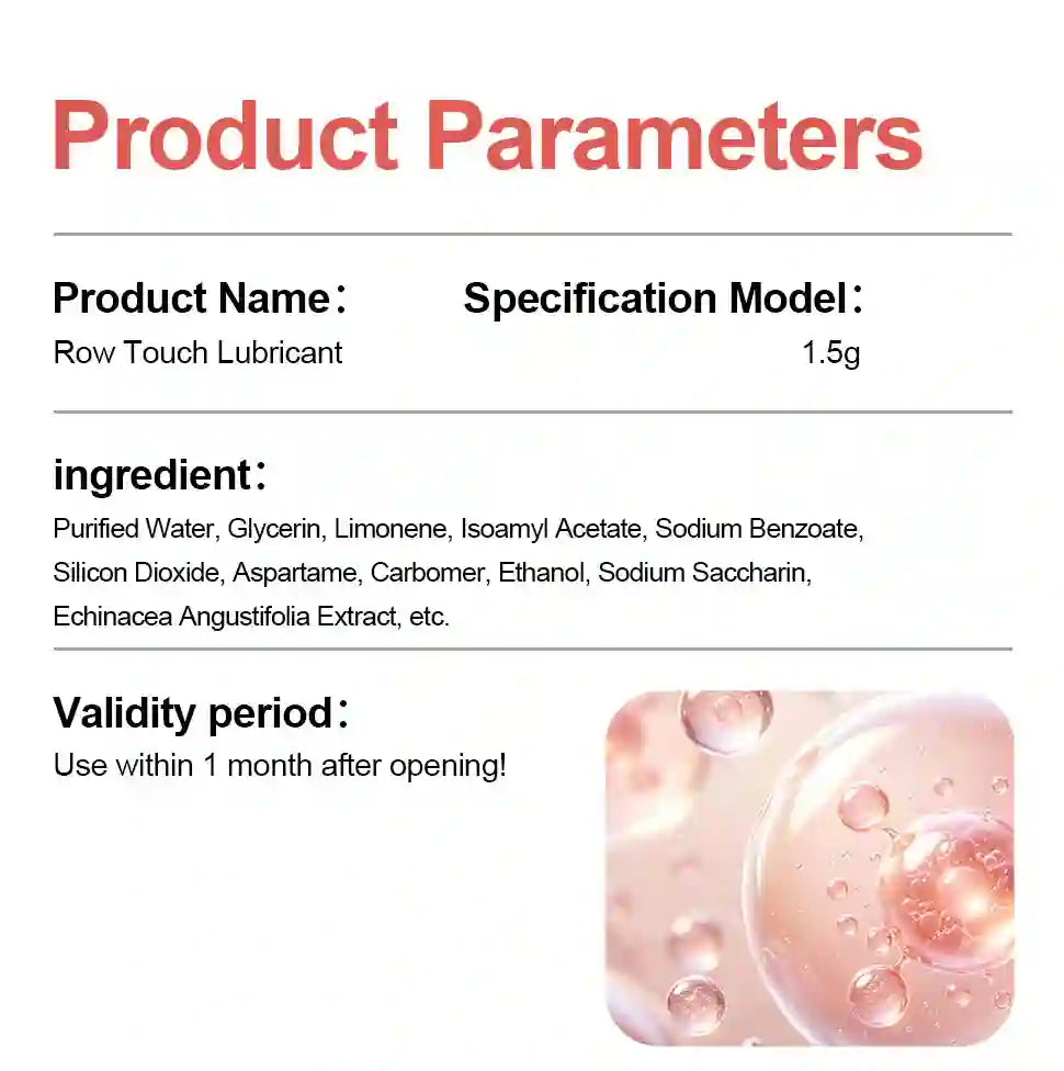 Product parameters card for Row Touch Lubricant with ingredient list and validity period of personal lubricant 