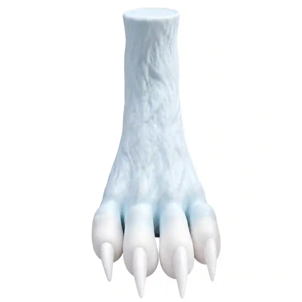 A white and light blue faux fur paw claw accessory, likely for a costume or pet toy, shown against a plain white background.