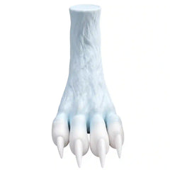 A white and light blue faux fur paw claw accessory, likely for a costume or pet toy, shown against a plain white background.