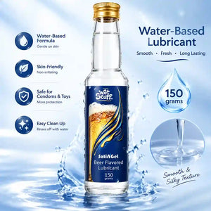A bottle of Swet Stuff Fatia Gel beer flavored water-based lubricant, 150 grams, shown on a blue water splash background with feature callouts and a droplet graphic.