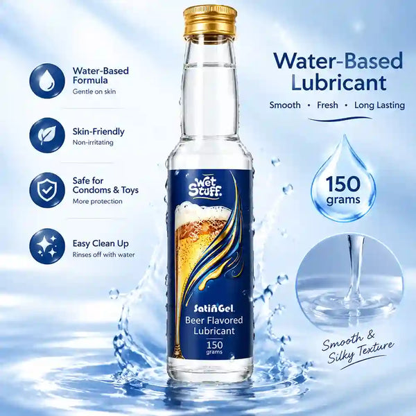 A bottle of Swet Stuff Fatia Gel beer flavored water-based lubricant, 150 grams, shown on a blue water splash background with feature callouts and a droplet graphic.