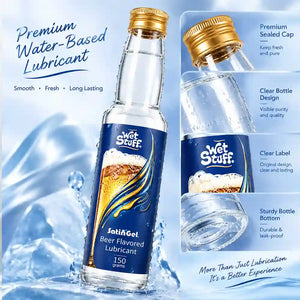 A bottle of Wet Stuff SatinGel beer flavored lubricant shown on a blue water-themed background, with a large main bottle and a smaller inset showing close-up product features like a sealed cap, clear bottle design, clear label, and sturdy bottom.