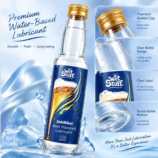 A bottle of Wet Stuff SatinGel beer flavored lubricant shown on a blue water-themed background, with a large main bottle and a smaller inset showing close-up product features like a sealed cap, clear bottle design, clear label, and sturdy bottom.