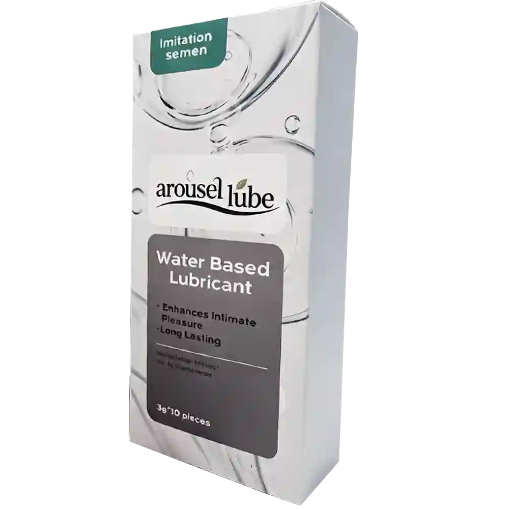 A boxed product labeled 'arousellube' and 'Water Based Lubricant' with a green 'imitation semen' tab at the top, shown on a plain white background.