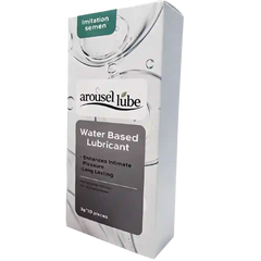 A boxed product labeled 'arousellube' and 'Water Based Lubricant' with a green 'imitation semen' tab at the top, shown on a plain white background.
