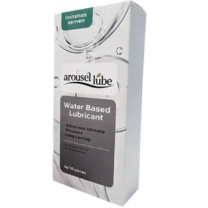 A boxed product labeled 'arousellube' and 'Water Based Lubricant' with a green 'imitation semen' tab at the top, shown on a plain white background.