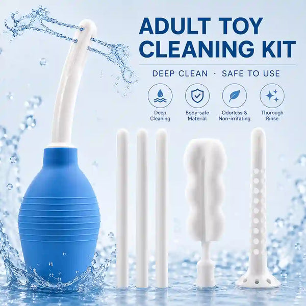 Hand spraying Misting Toy Cleaner onto silicone sex toy for hygiene Adult toy cleaning kit with blue cleaning bottle and white attachments on a water background