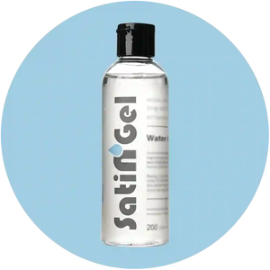 arousellube Clear bottle labeled 'Satin Gel' on a light blue circular background