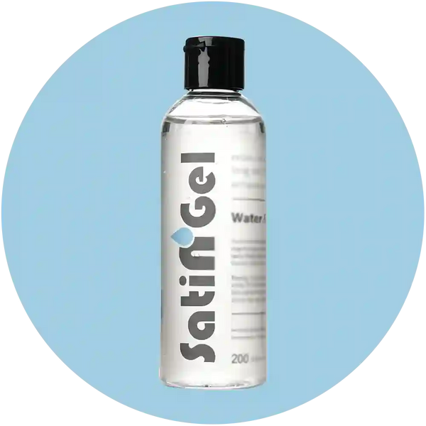 arousellube Clear bottle labeled 'Satin Gel' on a light blue circular background