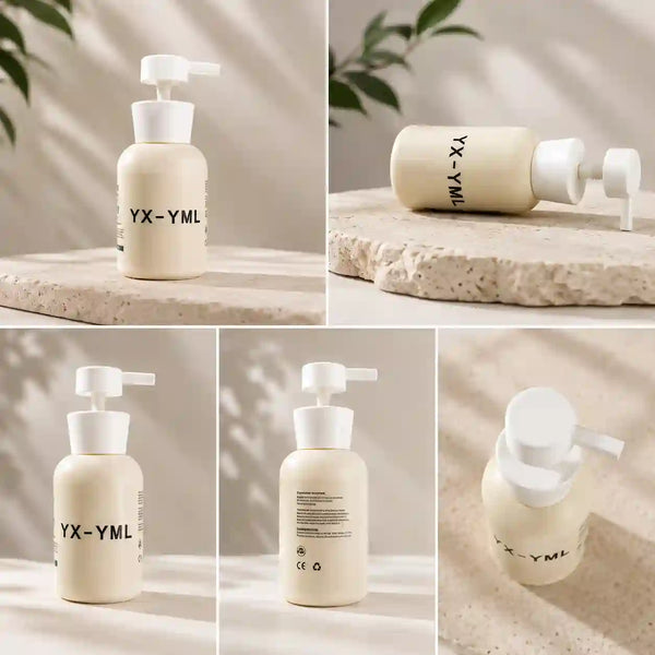 A collage of five product photos showing a frosted cream-colored pump bottle with black text reading 'YX-YML' on a stone surface and soft shadowed background. The bottle is shown from multiple angles, including front, side, back, and close-up pump views.
