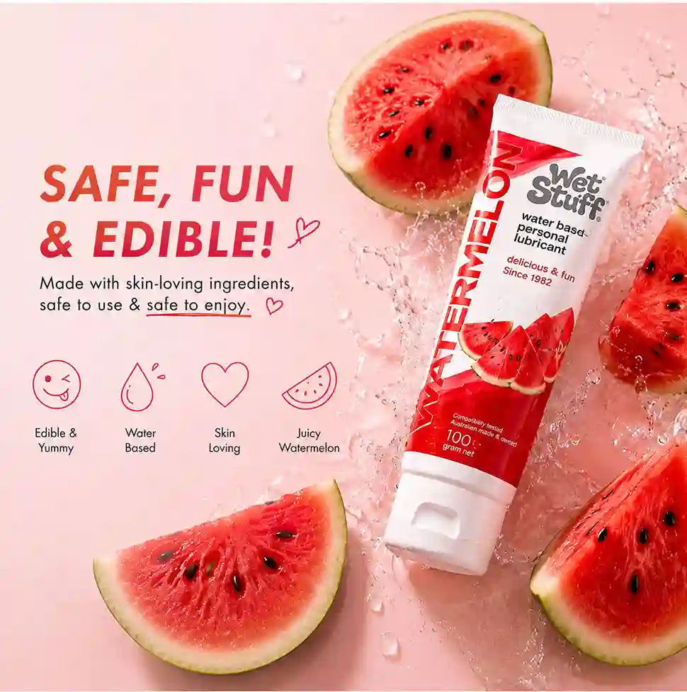 Edible watermelon-flavored personal lubricant with watermelon slices on a pink background