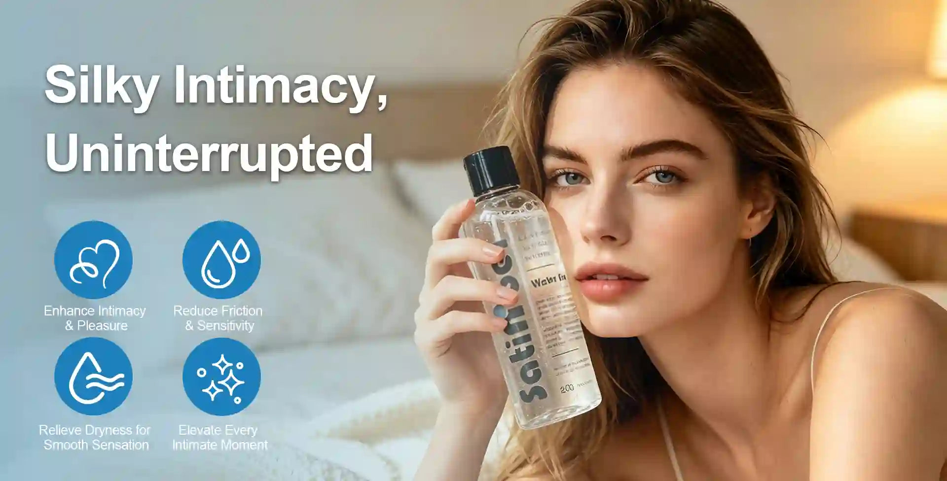 Woman holding a bottle labeled 'Silky Intimacy, Uninterrupted' with product features displayed like enhancement, reduce friction, relieve dryness