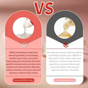 Comparison between natural edible 
fornication lubricant and non-edible irritant intimate lubricant with text and icons.