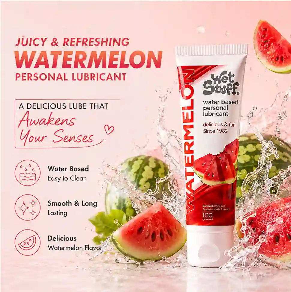 Wet Stuff watermelon personal lubricant packaging with watermelon slices on a pink background