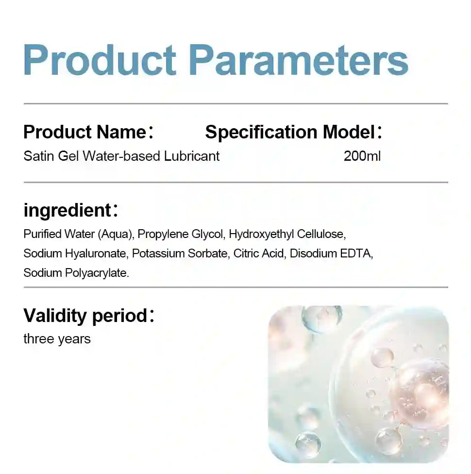 Product parameters of Satin Gel Water-based Lubricant with ingredient list and validity period.