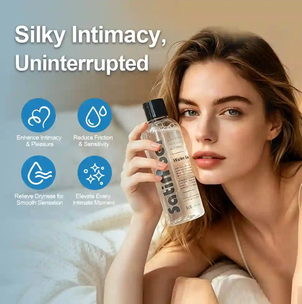 Woman holding a bottle of Satin Lux water-based lubricant with product features displayed.