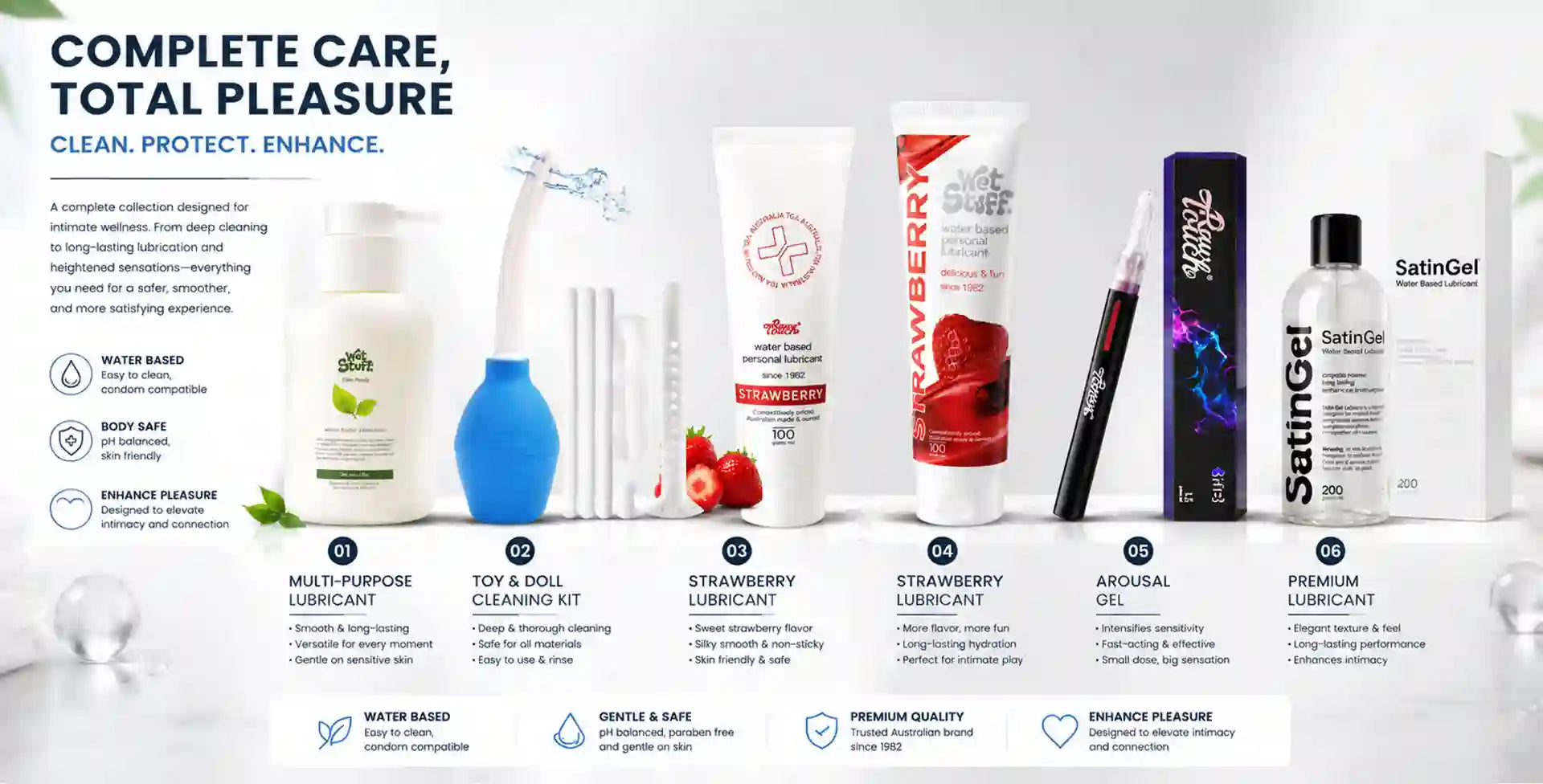 Assorted personal arousal lubes and intimacy lubes products with branding and product names on a white background.