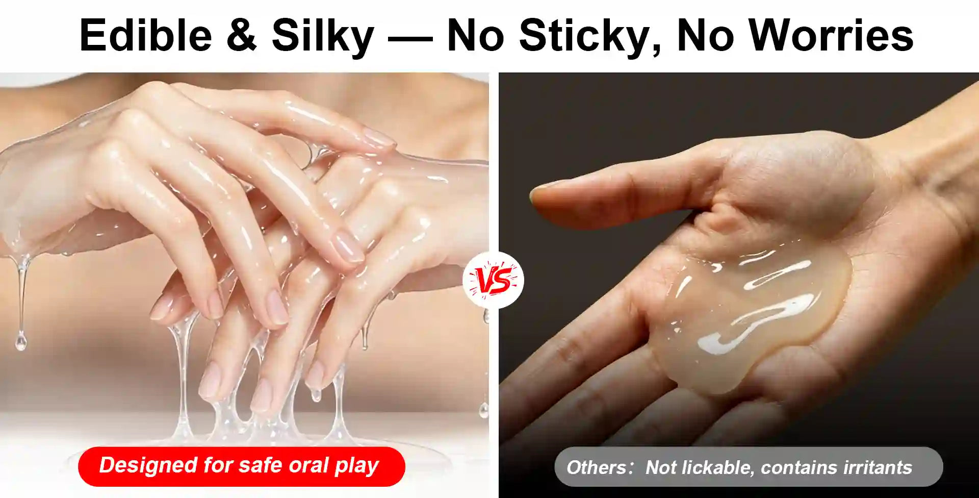 Two hands demonstrating a product with text about its safety and texture, showing tha quality of arousellube compate to other brands 