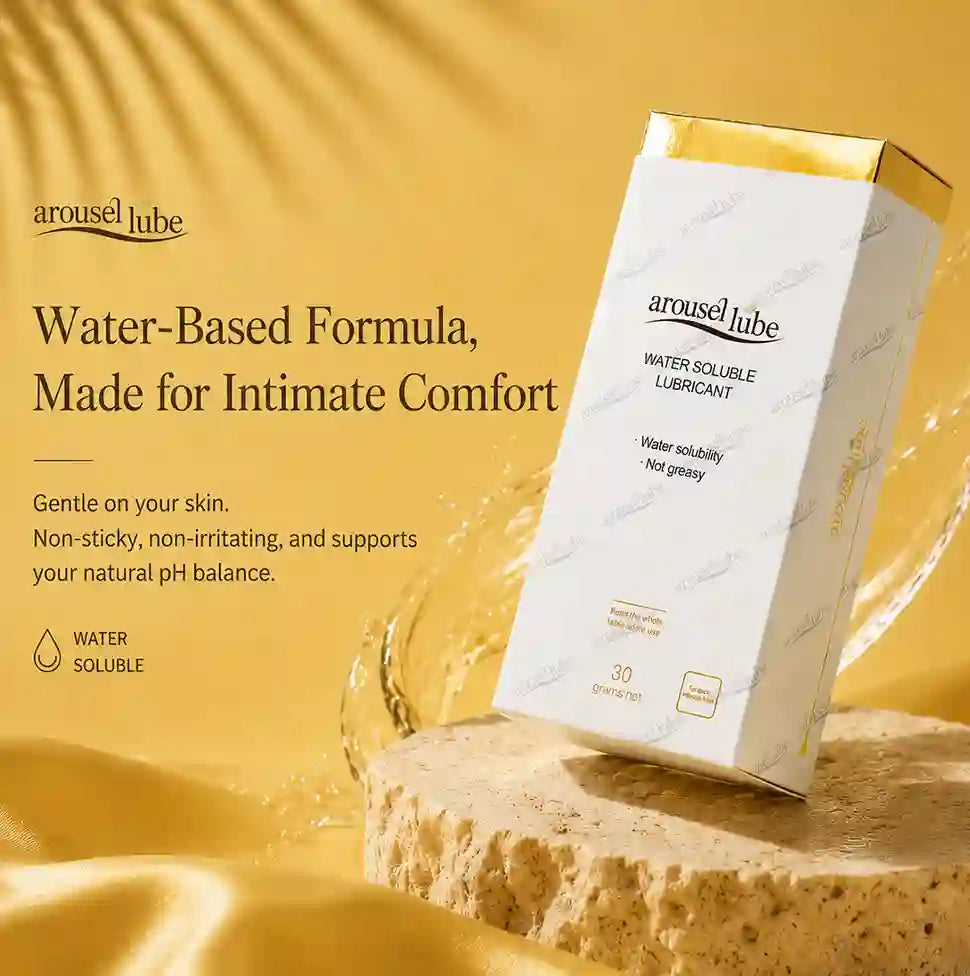 A boxed intimate lubricant product labeled arousel lube stands on a stone pedestal against a warm gold background with text describing the water-based formula and intimate comfort benefits.