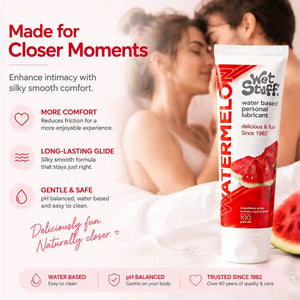 Advertisement for Wet Stuff watermelon flavored personal lubricant with a couple in the background.