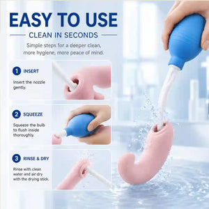 Instructions for using a cleaning device with text and images of hands using the device. Fine mist being sprayed from toy cleaner bottle over adult toy surface