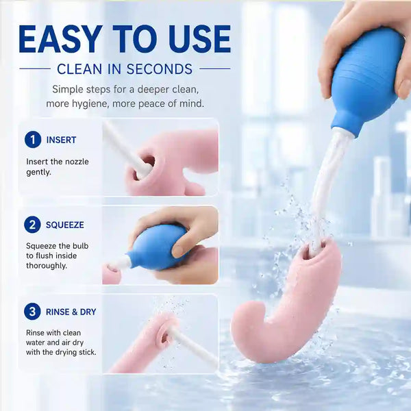 Instructions for using a cleaning device with text and images of hands using the device. Fine mist being sprayed from toy cleaner bottle over adult toy surface