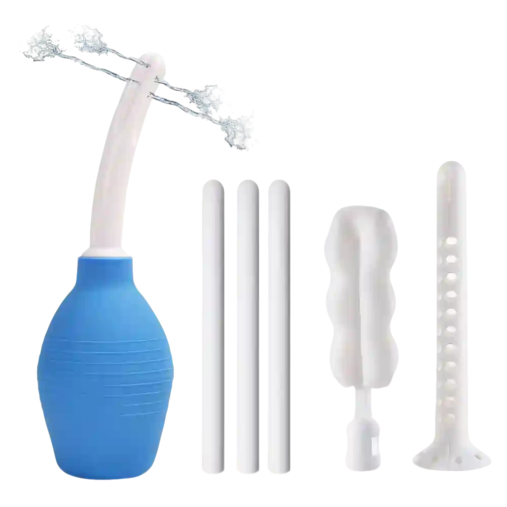Blue Misting Toy Cleaner spray bottle with fine mist nozzle Blue and white enema bag with accessories