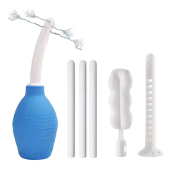 Blue Misting Toy Cleaner spray bottle with fine mist nozzle Blue and white enema bag with accessories