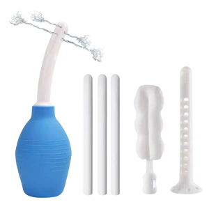 Blue Misting Toy Cleaner spray bottle with fine mist nozzle Blue and white enema bag with accessories
