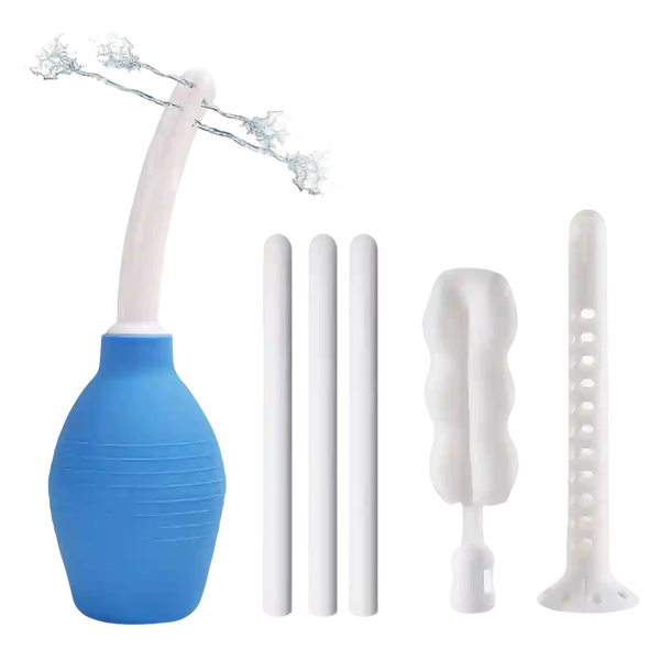 Blue Misting Toy Cleaner spray bottle with fine mist nozzle Blue and white enema bag with accessories