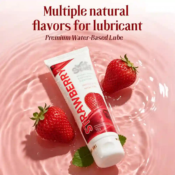 Strawberry-flavored 
coitus lubricant tube with strawberries on a pink water background