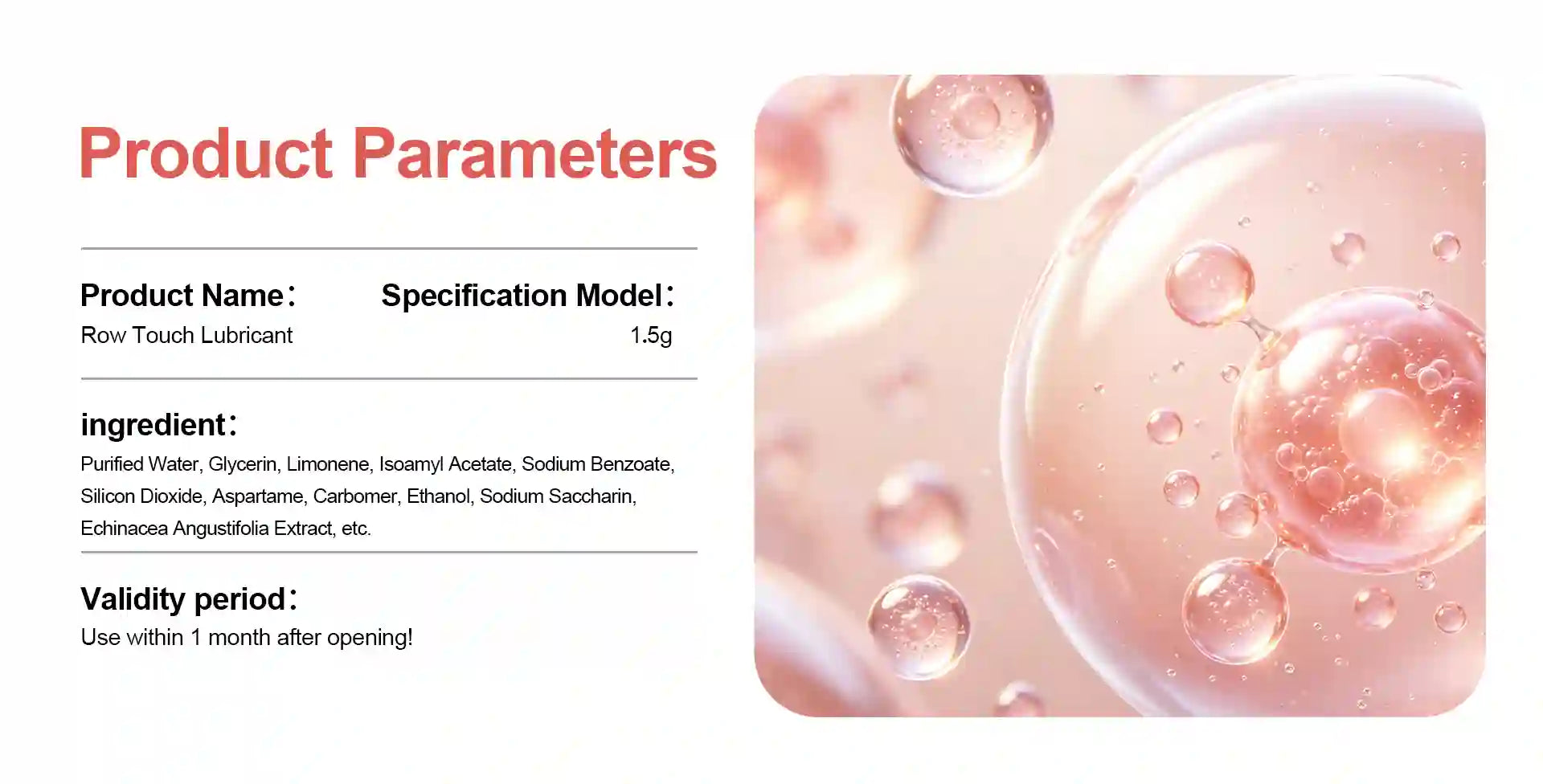 Product parameters of a raw touch lubricant with a close-up of lubricant droplets on a soft pink background.