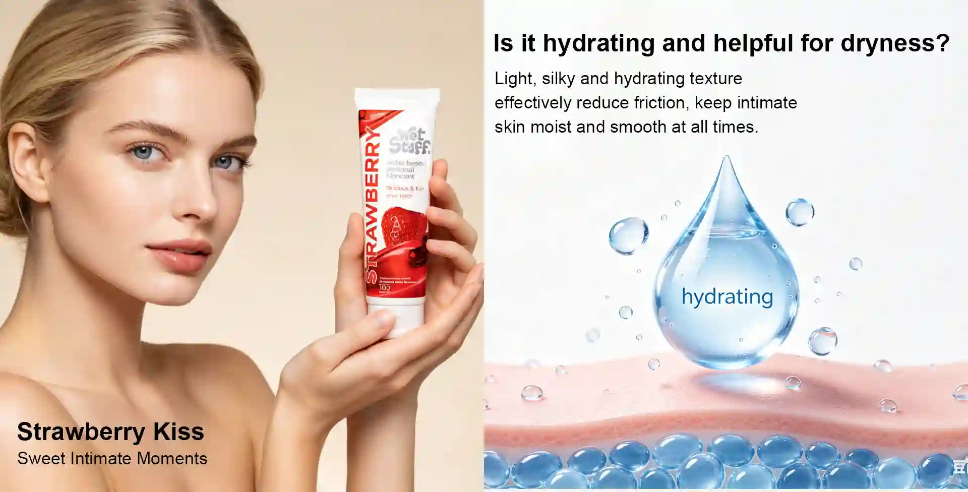 Woman holding Strawberry Kiss intimate product with hydration benefits displayed arousellube.