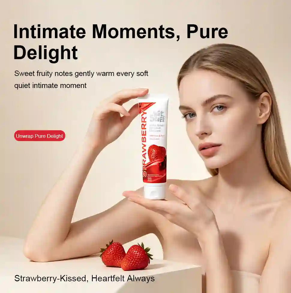 Woman holding a strawberry-flavored lube with text about intimate moments and sweet fruity notes.