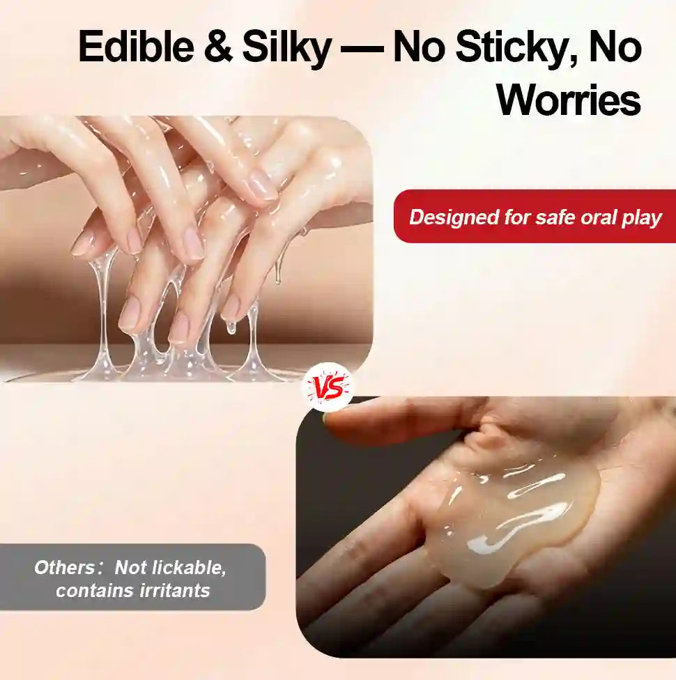 Edible gel being stretched between fingers with text highlighting safety