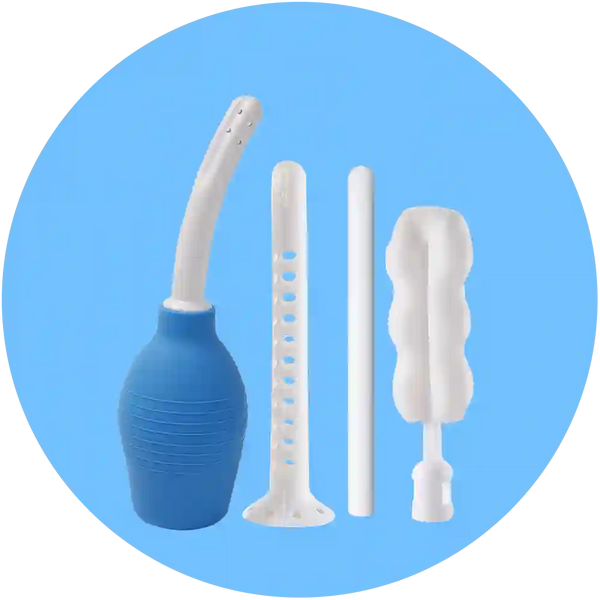 Toy Life Misting Toy Cleaner next to ArouseLube and Toy Life lubricant bottles Blue and white nasal cleaning device with attachments on a blue background