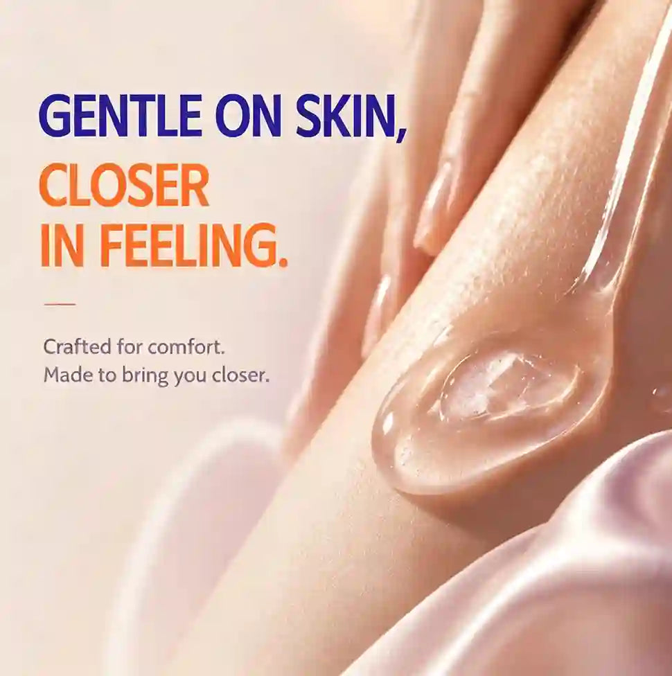 Close-up of a person's forearm with a glossy droplet of clear gel or serum on the skin, alongside promotional text reading 'GENTLE ON SKIN, CLOSER IN FEELING.' and 'Crafted for comfort.