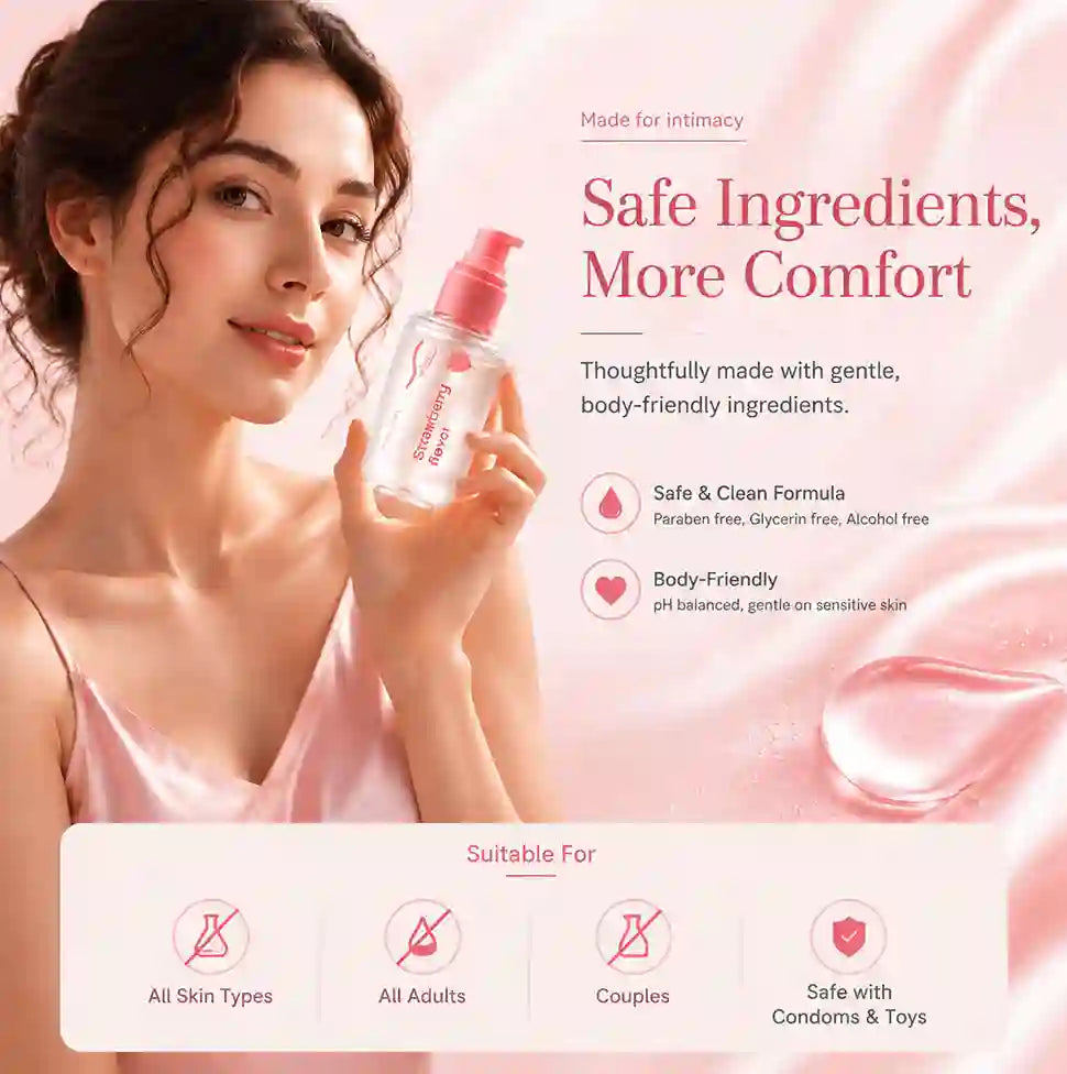 A woman in a pink satin top holds a clear personal care bottle with a pink spray top against a soft pink promotional background with text about safe ingredients and suitability for all skin types and adults.