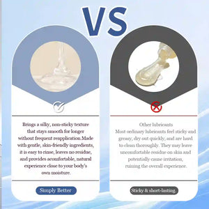 A promotional comparison graphic with the word 'VS' at the top, showing two circular product demonstration panels. The left panel depicts a silky, non-sticky lubricant with descriptive text below.