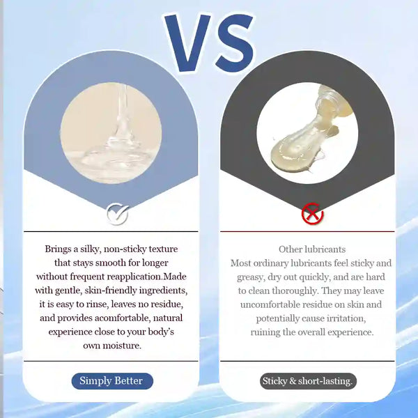 A promotional comparison graphic with the word 'VS' at the top, showing two circular product demonstration panels. The left panel depicts a silky, non-sticky lubricant with descriptive text below.