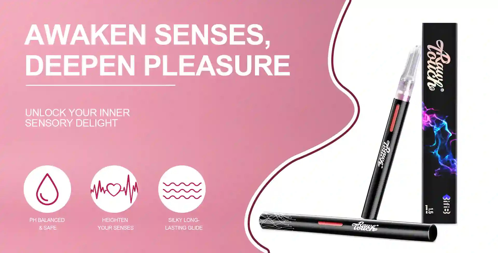 Product packaging with text 'Awaken Senses, Deepen Pleasure' on a pink background for arousellube 