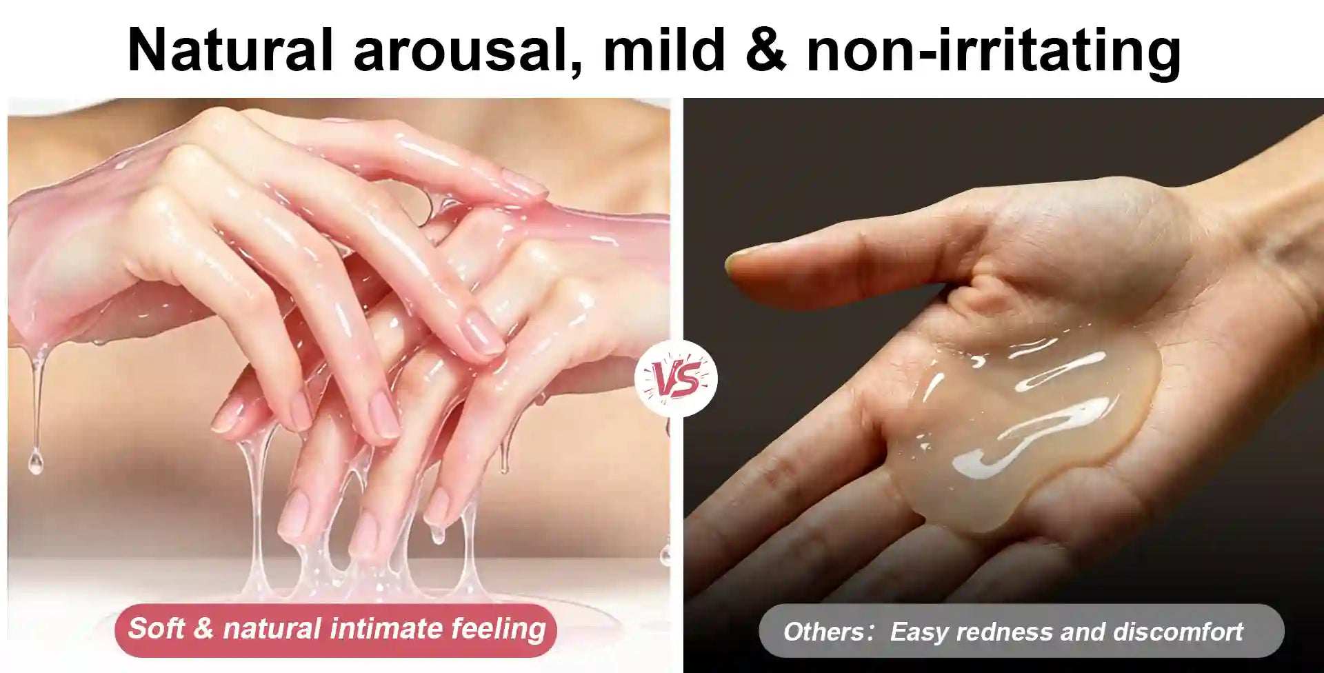 Comparison of natural product use on hands with text highlighting benefits arousellube lubricant and drawbacks of other brands chemicals side effects.