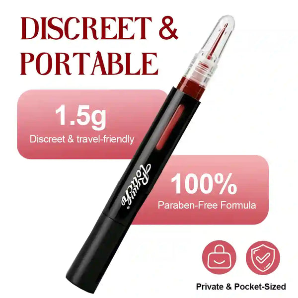 arousellube Black pen-like device with red liquid, labeled as discreet and portable, on a white background.