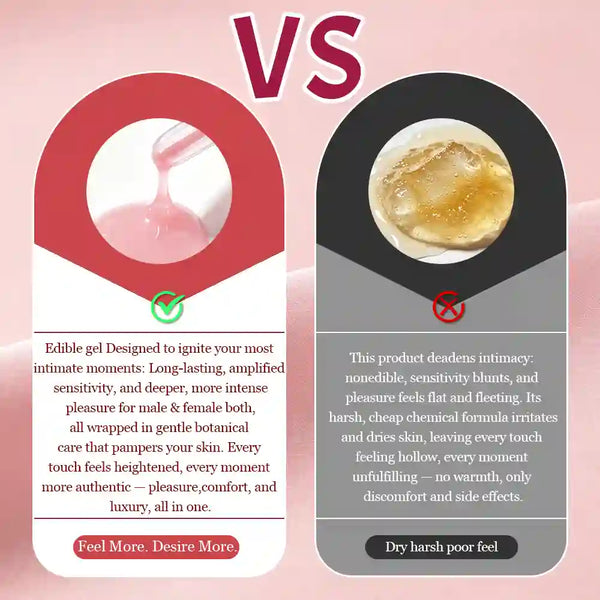 arousellube Comparison chart between an edible gel and a dry harsh product on a pink background.