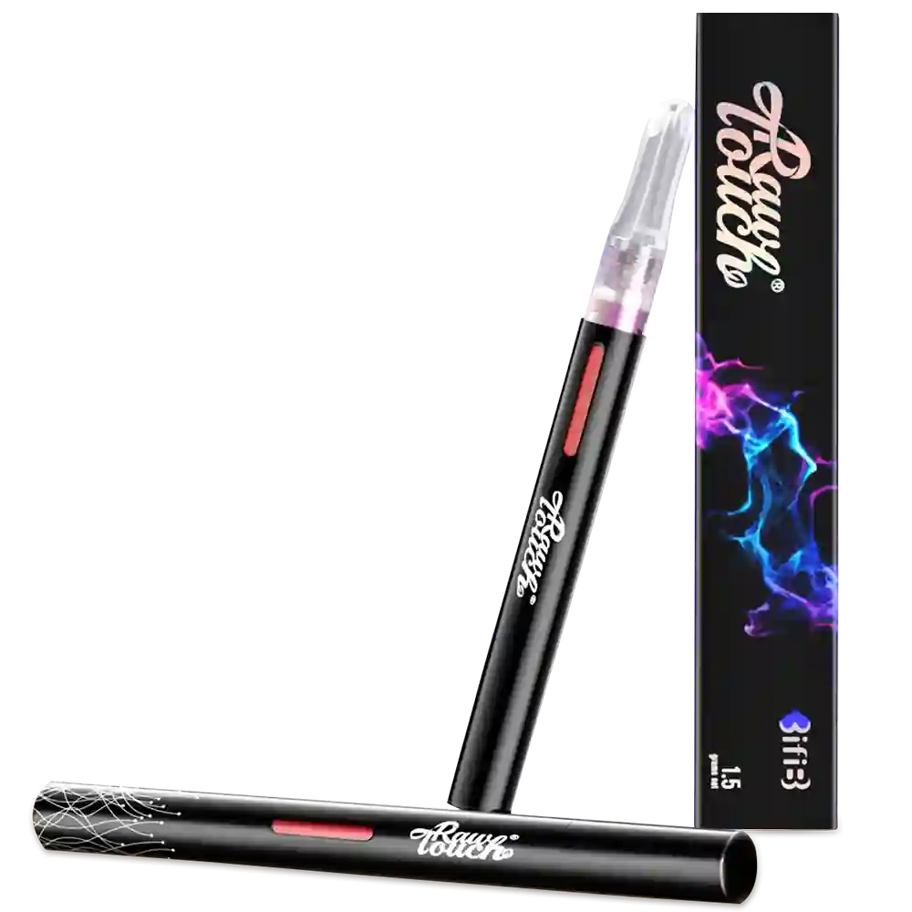 Black vape pen arousellube with clear top and red accent, next to its packaging on a white background 
