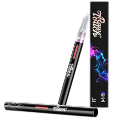 Black vape pen arousellube with clear top and red accent, next to its packaging on a white background 